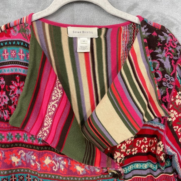 Vtg Susan Bristol Cardigan Sweater Womens Size M Colorful Mixed Pattern Pink Y2K - Picture 4 of 8
